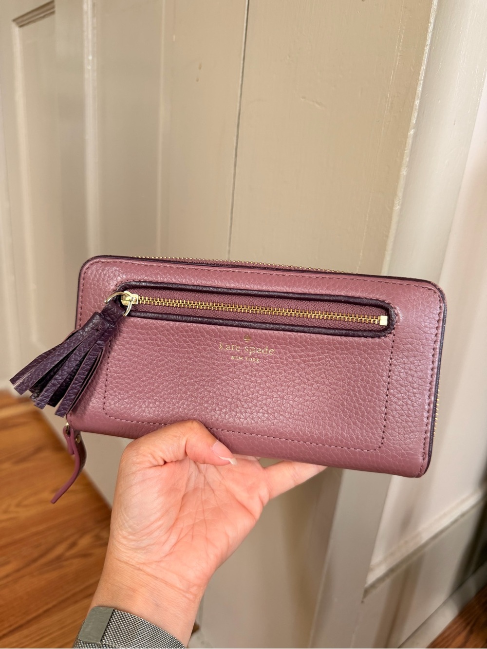 kate spade Plum-Tone Pebbled Leather Zip Wallet with Tassel